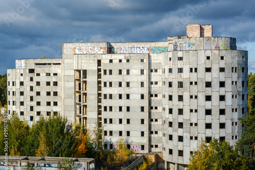 Abandoned unfinished multi-storey building. The building is without windows