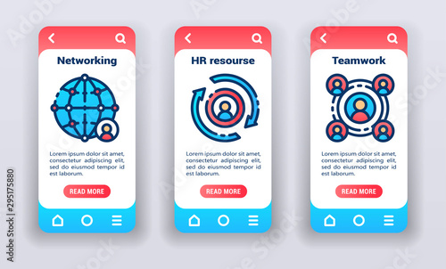Human resource on mobile app onboarding screens. Flat icons, networking, hr, teamwork. Banners for website and mobile kit development.