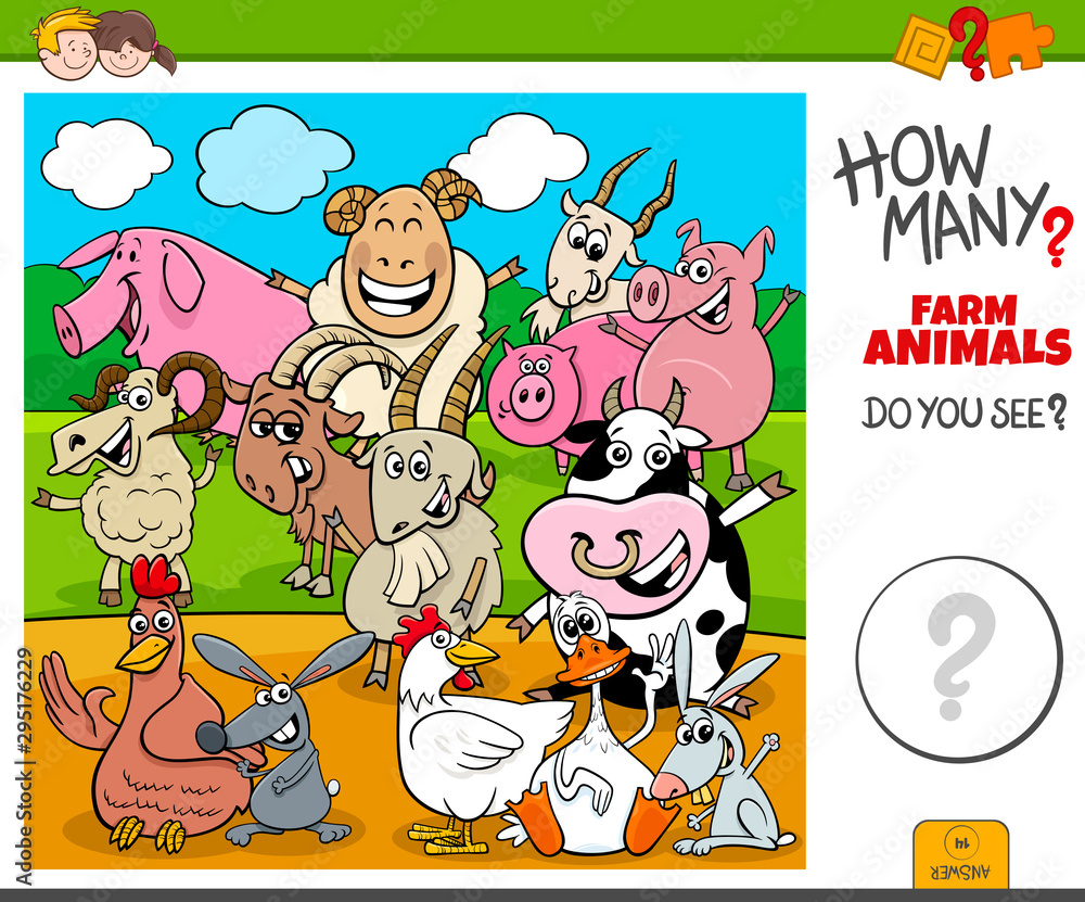Fototapeta premium how many farm animals educational task for kids