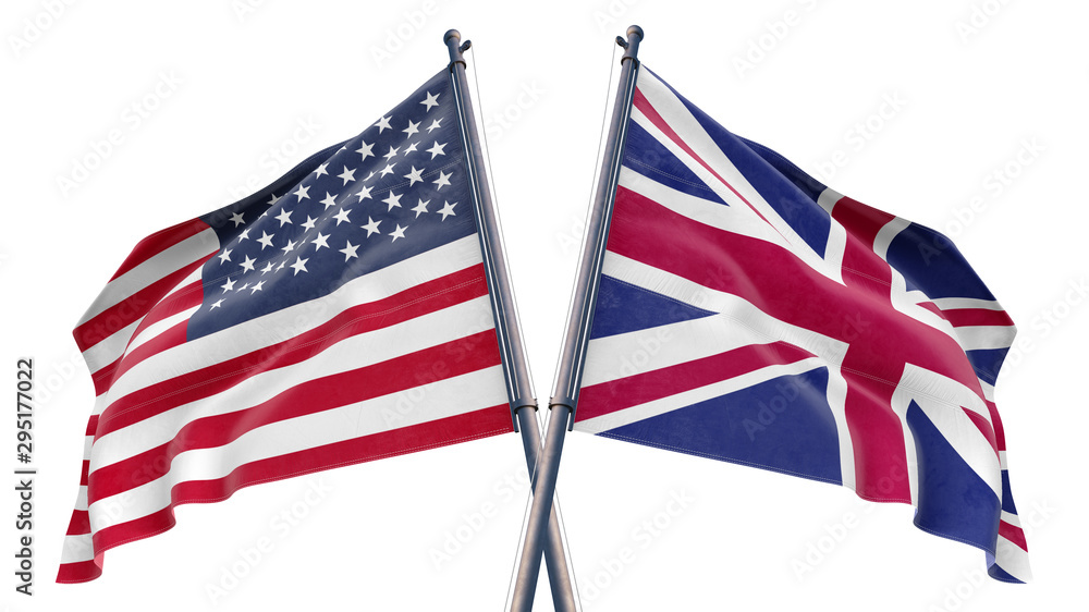 3d rendered illustration of United Kingdom Uk and America USA Relationship flag with white background