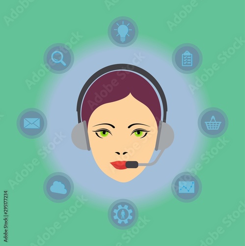 Call center concept: woman head with headset and different symbols background