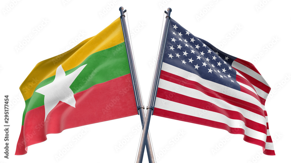 3d rendered illustration of United States of America USA and Myanmar Relationship flag with white background