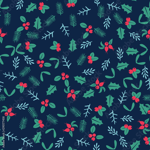 Winter Christmas seamless pattern background with wild forest berries and leaves retro style vector design