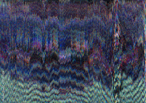 Distorted display. Video damage. Purple static noise pattern overlay.