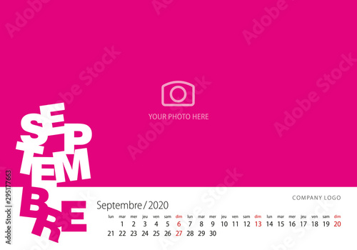 New Year Calendar 2020 French language September modern template pink background