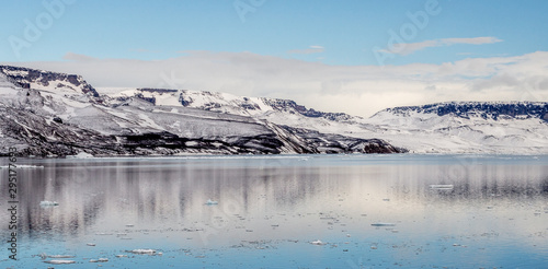 Snow covered land in Antarctica reflected in still water