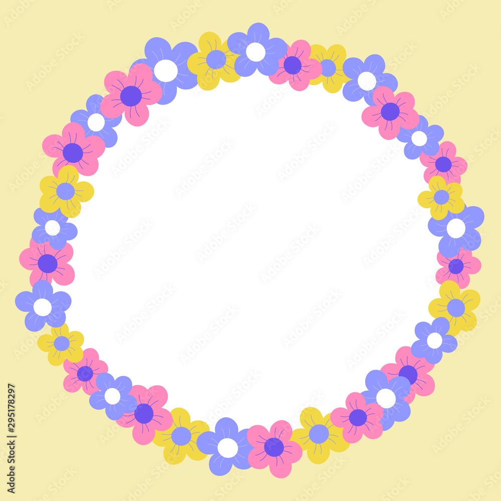 Vector illustration of a bright floral wreath frame with purple, yellow and pink flowers. Vector illustration of a bright floral wreath frame with purple, yellow and pink flowers.