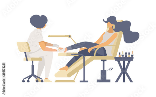 Professional pedicure procedure flat vector illustrations. Female pedicurist and young fashion parlor customer cartoon characters. Beauty salon service, cosmetology decorative design element