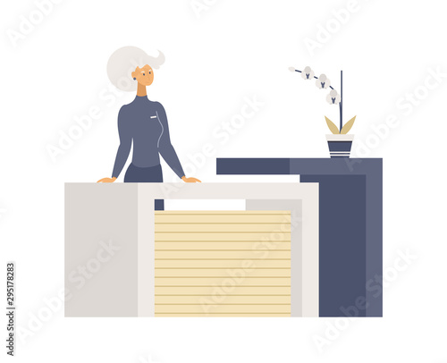 Registration table flat vector illustrations. Smiling young woman, friendly receptionist cartoon character. Customer service concept, hotel lobby, beauty salon reception interior design element