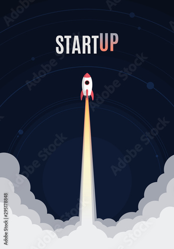 Flat design business startup launch concept, rocket icon. Vector illustration.