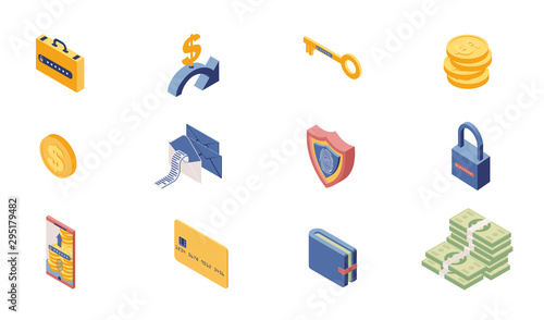 Private account access icons isometric set. Online banking, security system items isolated on white background. Money, safe locks, transactions, information protection 3d illustrations pack