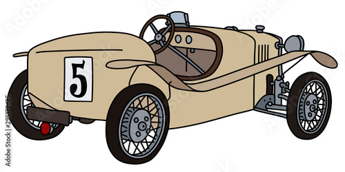 The vectorized hand drawing of a vintage cream racecar