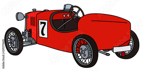 The vectorized hand drawing of a vintage red racecar