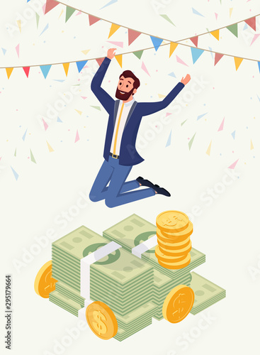 Successful male millionaire vector character. Happy jumping man, honorarium payee, businessman wearing suit, cash prize owner isometric illustration. Luck and profit, lottery jackpot concept