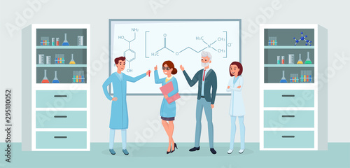 Chemical lab workers meeting flat illustrations. Professional chemists team, chemistry experts and laboratory assistants cartoon characters. Scientific discovery, medical research, scientists teamwork