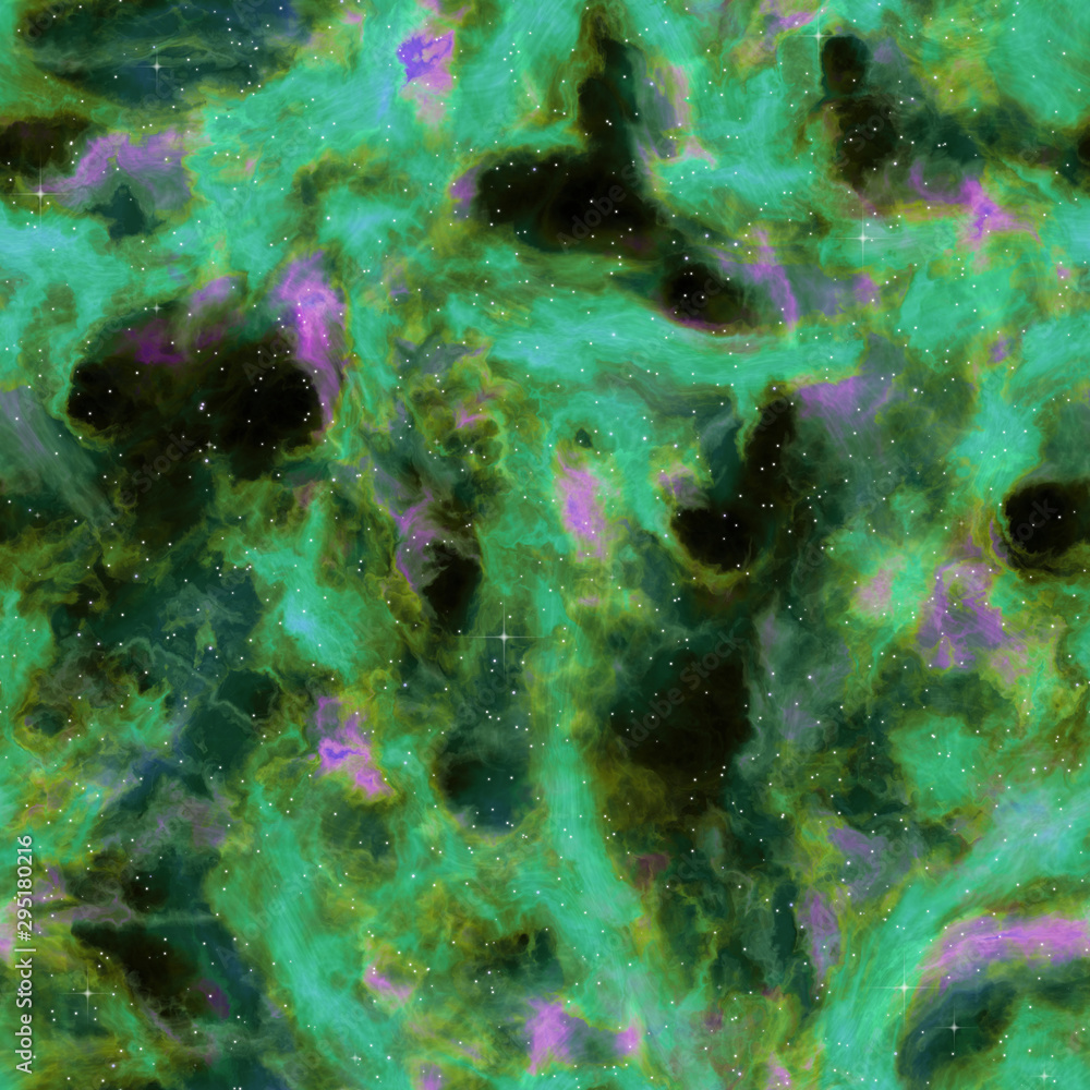 Fototapeta premium Galaxy stars glowing in deep space. Abstract space background. Green interstellar gas, seamless texture