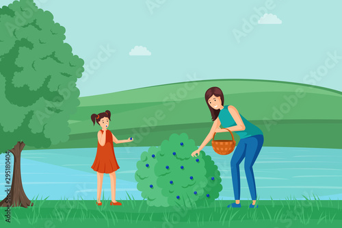 Mother, child gathering blueberries vector illustration. Young woman collecting black currant with basket cartoon character. Little girl eating tasty berries, enjoying organic farm harvest