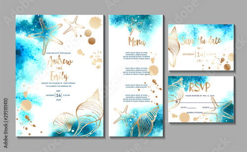Wedding invitation card with abstract watercolor background and gold seashells. Menu card, Save the Date and RSVP card templates © Iryna