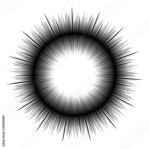 Text circle frame in manga, anime comics. Radial motion lines. Black and white monochrome illustration. The expression of thoughts in the comics, the emotional statement