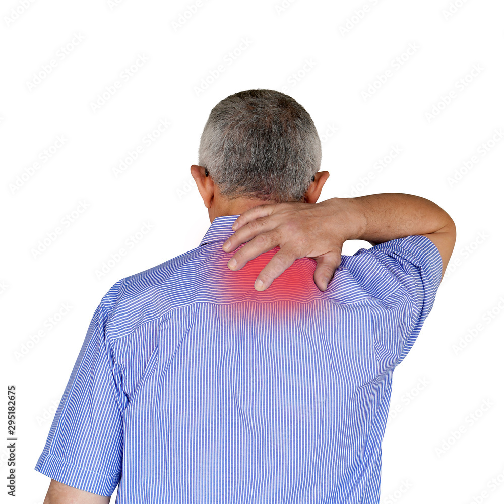 Elderly man suffering from neck pain isolated on a white background. A man's sense of fatigue, exhausted, stressed. Old man massages her painful neck with her hands. The concept of body and health. Elderly man suffering from neck pain isolated on a white background. A man's sense of fatigue, exhausted, stressed. Old man massages her painful neck with her hands. The concept of body and health.