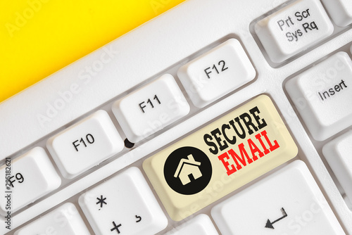 Text sign showing Secure Email. Business photo text protect the email content from being read by unwanted entities White pc keyboard with empty note paper above white background key copy space