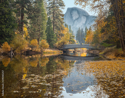 Fall Season in Yosemite Valley with Half Dome Reflection and Sentinel Bridge photo