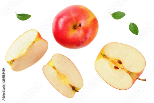 red apples with slices and green leaves isolated on a white background. top view