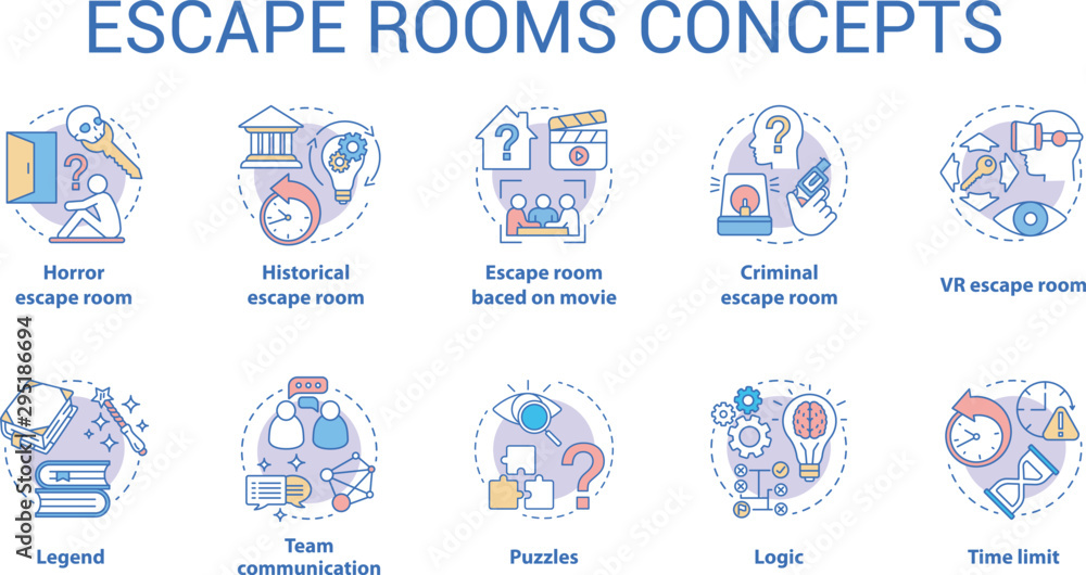 Obraz premium Escape room concept icons set. Quest types idea thin line illustration. Strategy game collection. Puzzles and riddles solving pack. Vector isolated outline drawing. Editable stroke