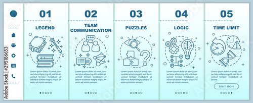 Escape room blue onboarding mobile web pages vector template. Quest game. Responsive smartphone website interface idea with linear illustrations. Webpage walkthrough step screens. Color concept