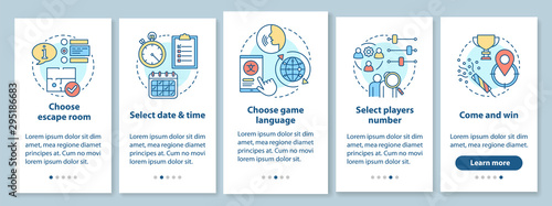 Escape room booking tutorial onboarding mobile app page screen with linear concepts. Choose quest game, date, time. Walkthrough steps graphic instructions. UX, UI, GUI vector template with