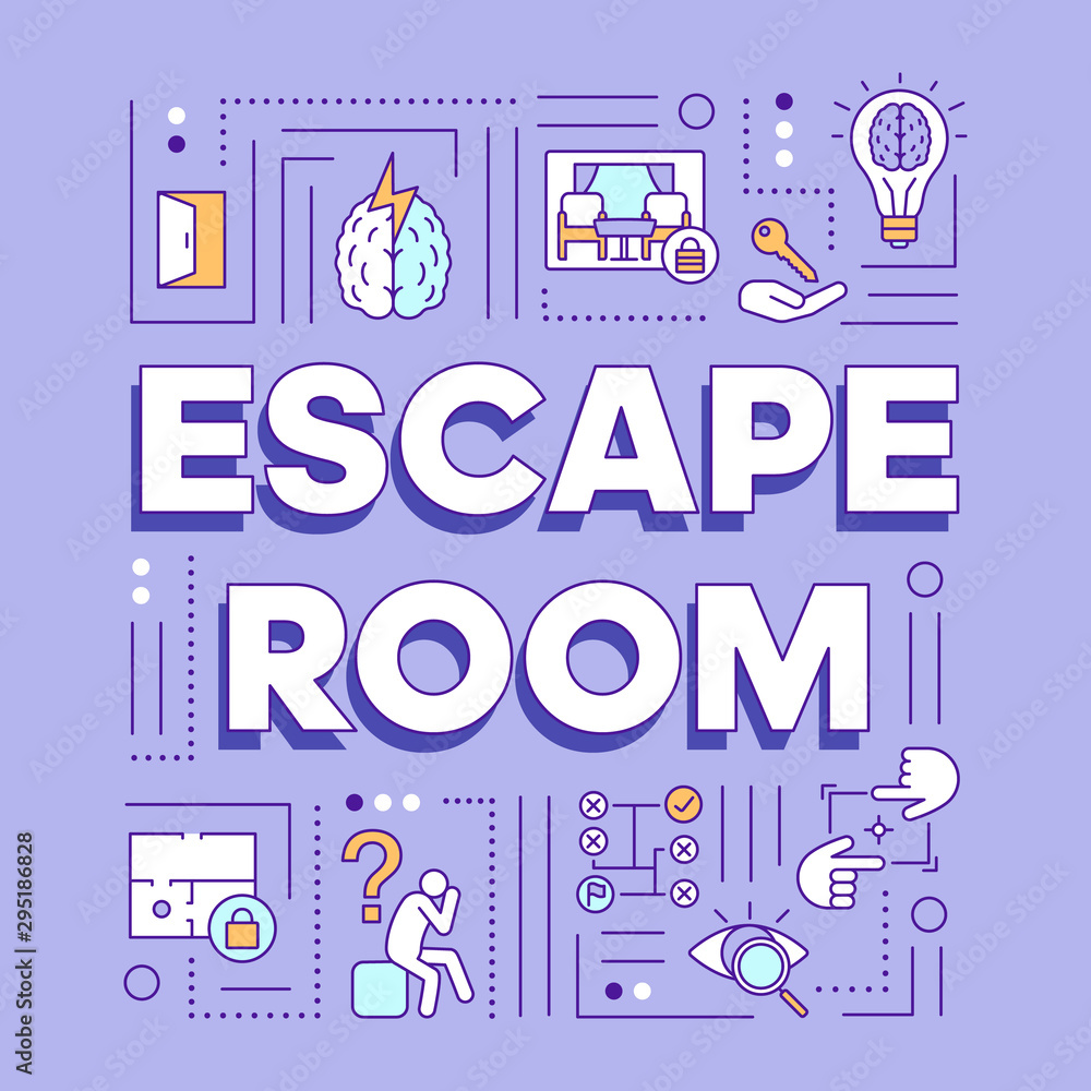 Escape room word concepts banner. Solving problems, mysteries presentation, website. Strategy games, quest isolated lettering typography idea with linear icons. Vector outline illustration