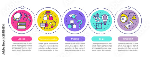 Escape room vector infographic template. Quest game. Business presentation design elements. Data visualization with five steps and options. Process timeline chart. Workflow layout with linear icons