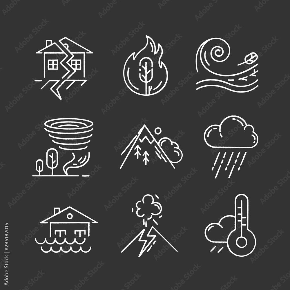 Natural disaster chalk icons set. Environmental hazards. Earthquake ...