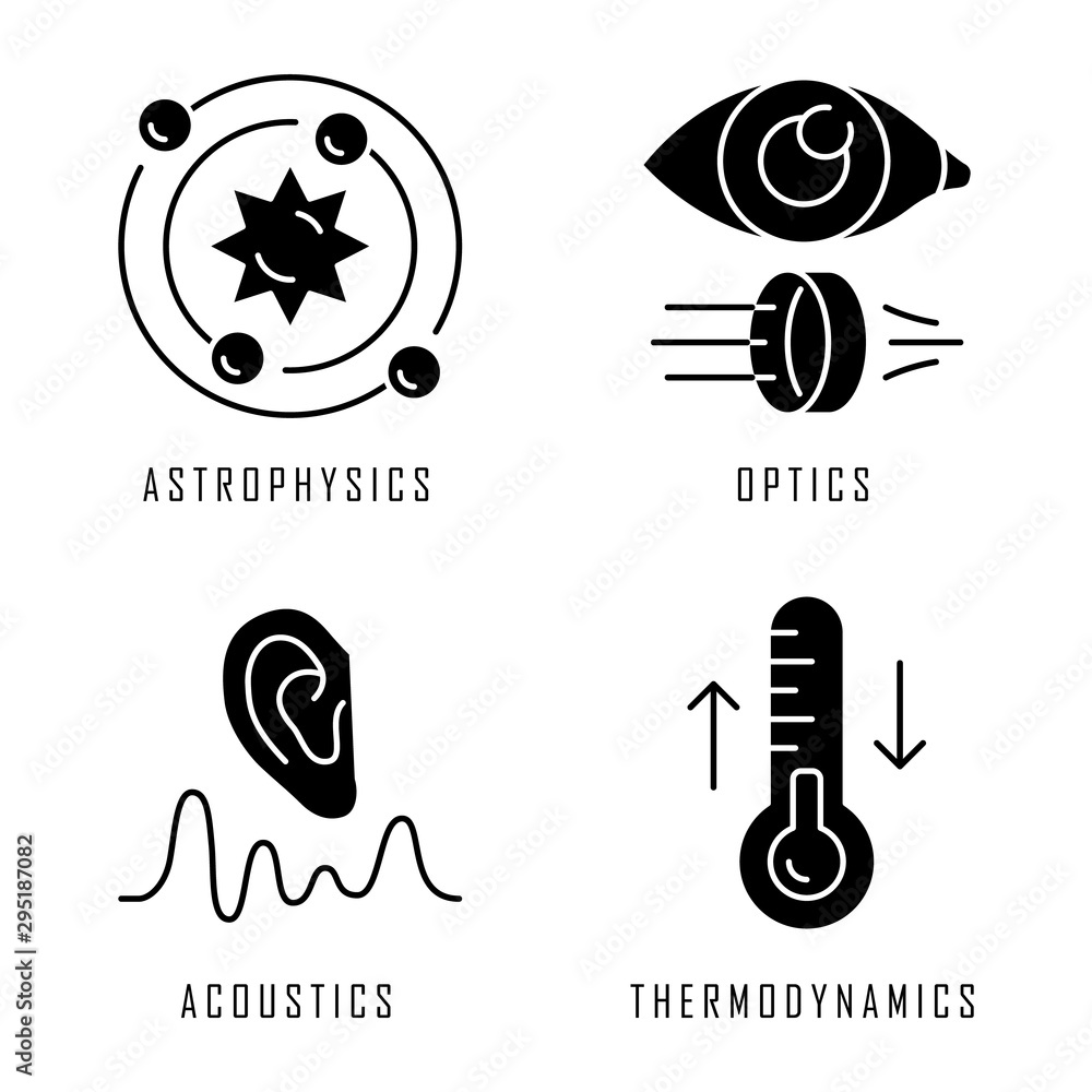 Physics branches glyph icons set. Astrophysics, optics, acoustics