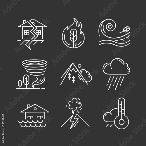 Natural disaster chalk icons set. Environmental hazards. Earthquake, wildfire, tsunami, tornado, avalanche, flood, downpour, volcanic eruption, drought. Isolated vector chalkboard illustrations