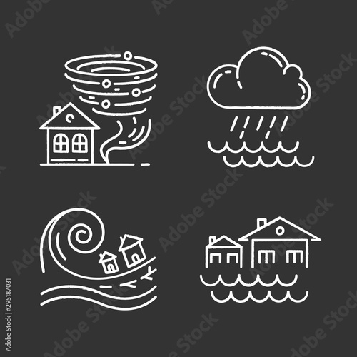 Natural disaster chalk icons set. Global climate changes danger. Tornado, flood, downpour, tsunami. Geological, atmospheric catastrophes. Isolated vector chalkboard illustrations