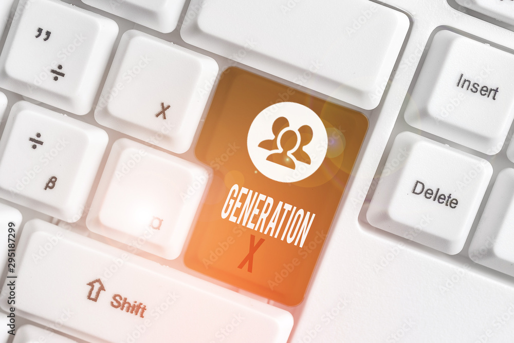 Handwriting text writing Generation X. Conceptual photo the generation that born after that of the baby boomers White pc keyboard with empty note paper above white background key copy space Handwriting text writing Generation X. Conceptual photo the generation that born after that of the baby boomers White pc keyboard with empty note paper above white background key copy space