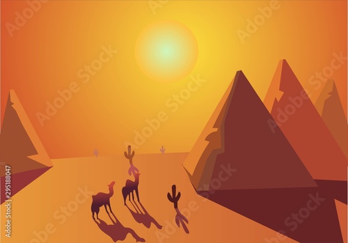 Sahara desert  Cairo  Egypt illustration of a hot landscape. Camels and pyramids traveling under sunlight and dry weather. Great historical architecture and sunset