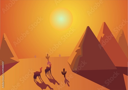 Sahara desert, Cairo, Egypt illustration of a hot landscape. Camels and pyramids traveling under sunlight and dry weather. Great historical architecture and sunset