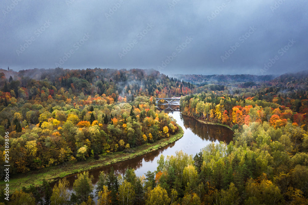 Valley of colorful trees covered fog at early mourning. Rainy weather with storm clouds in the sky. Picturesque panorama with river Gauja curving through the valley. Valley of colorful trees covered fog at early mourning. Rainy weather with storm clouds in the sky. Picturesque panorama with river Gauja curving through the valley.