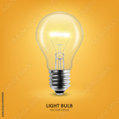 Vector 3d Realistic Turning On Light Bulb Icon Closeup on Yellow Background. Design Template, Clipart. Glowing Incandescent Filament Lamps. Creativity Idea, Business Innovation Concept