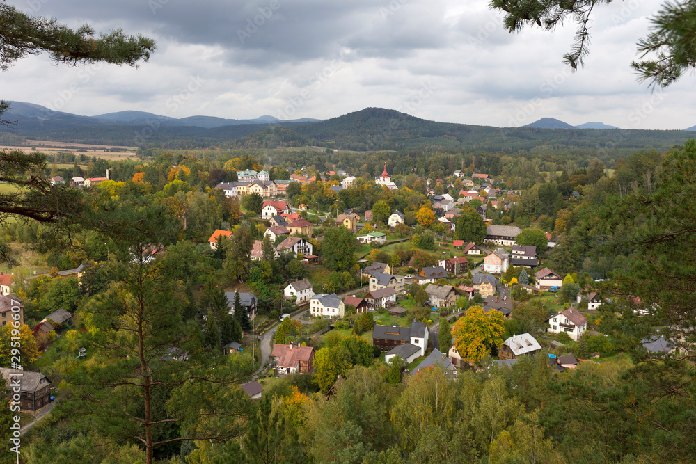 Small Town Sloup v Cechach in autumn Landscape of northern Bohemia, Lusatian Mountains, Czech Republic