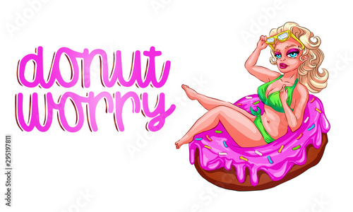 The girl swims and lies on a rubber ring in the shape of a donut. Mass tourism. Get inspired by travel, relax, relax, a sexy girl in a bikini and a hot sunny day on the sea water.