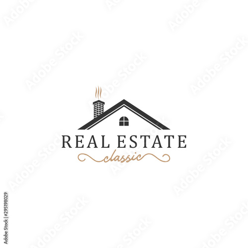 Classic real estate logo with house elements along with old model chimney
