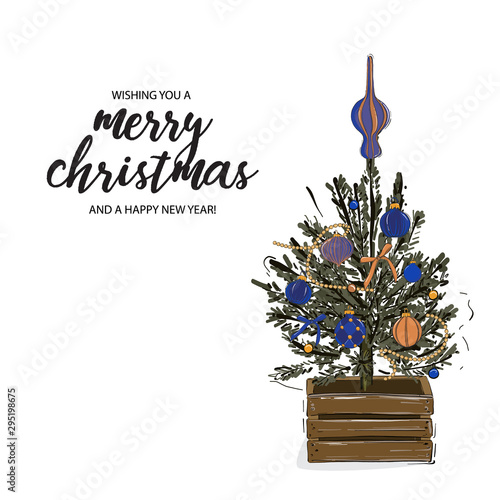 Merry Christmas tree in wood crate, decorated with baubles, stars, garland and typography greeting quote. Happy New Year vector hand-drawn winter holidays illustration