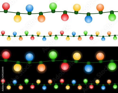 Vector illustration of a string of globe-shaped Christmas lights against a white and a black background; strings can be joined end to end to form continuous uninterrupted longer strings.