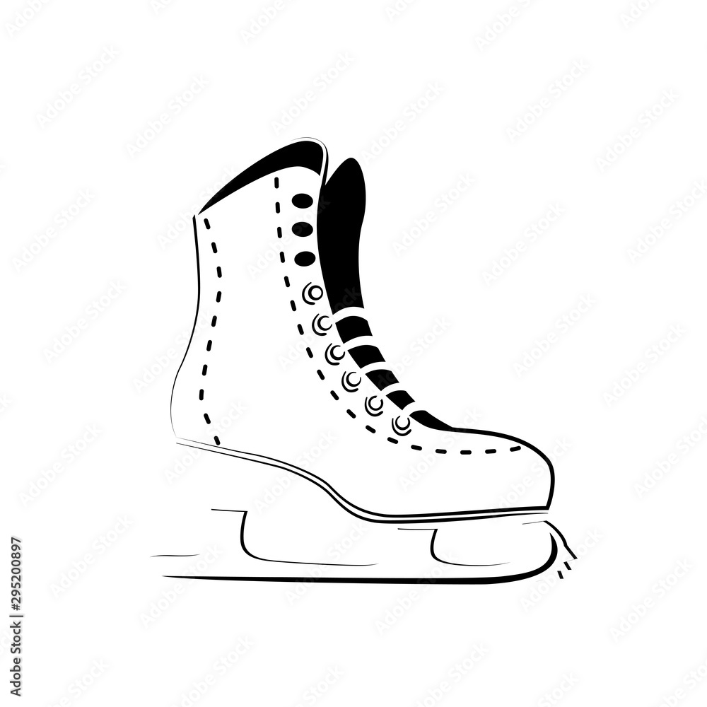 Ice skate icon logo. Figure skating symbol outline drawing, stylized thin line, sketch. Winter sport activity design. Isolated vector sign on transparent background.