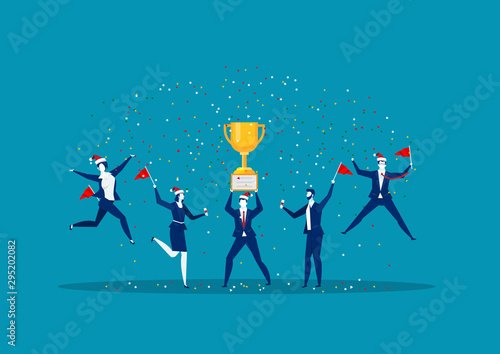 Win achievement. Happy company employee awarding a trophy prize to their leader. Business vector illustration.