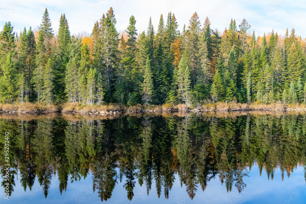 A lake in the forest in Canada, during the Indian summer, beautiful colors of the trees