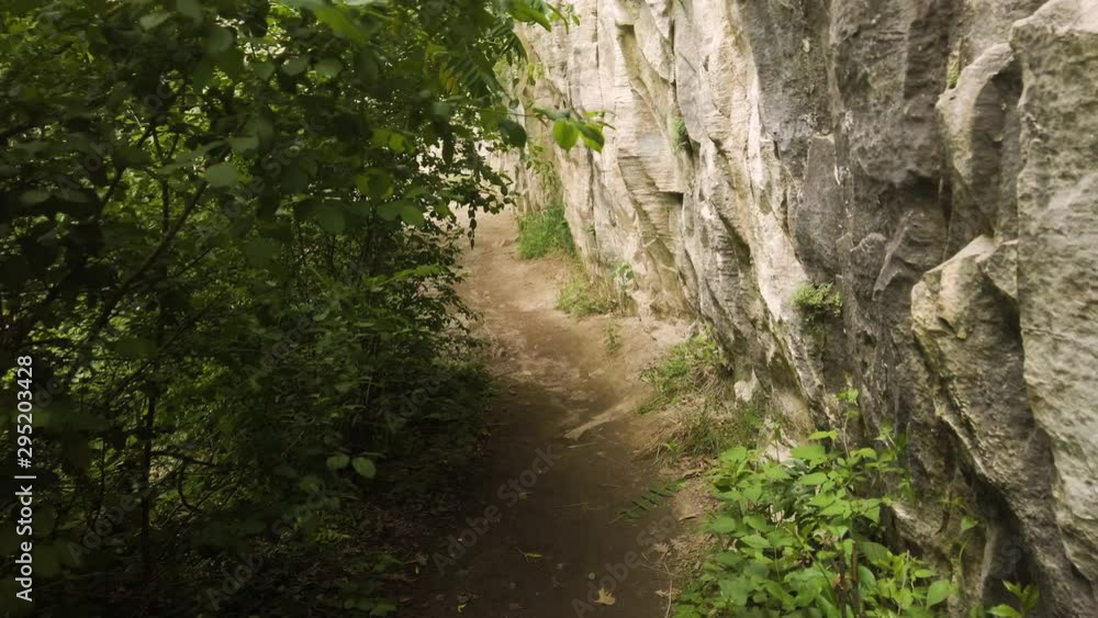 Stabilized slow motion shot walking down dirt path beside trees and rocky wall Stabilized slow motion shot walking down dirt path beside trees and rocky wall